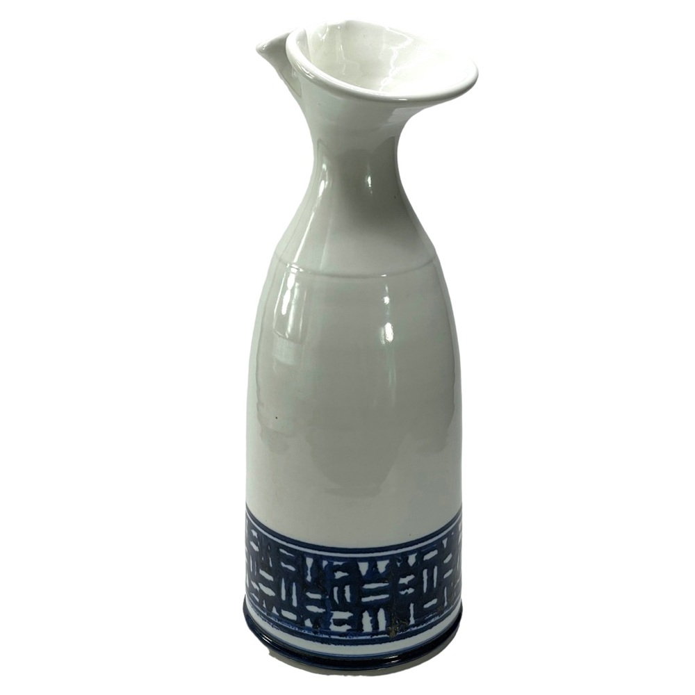 Studio Pottery Signed by Artist 11" Tall White & Blue Water Sake Pitcher Vase